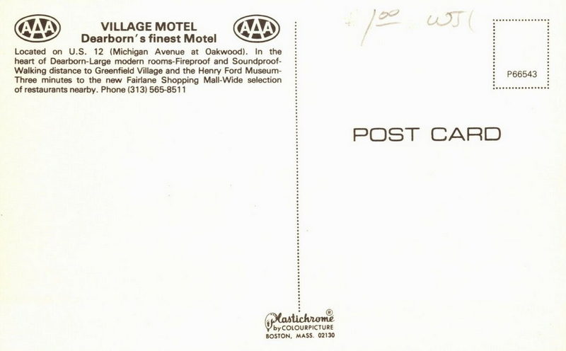 Village Motel (Village Inn of Dearborn) - Vintage Postcard Back (newer photo)